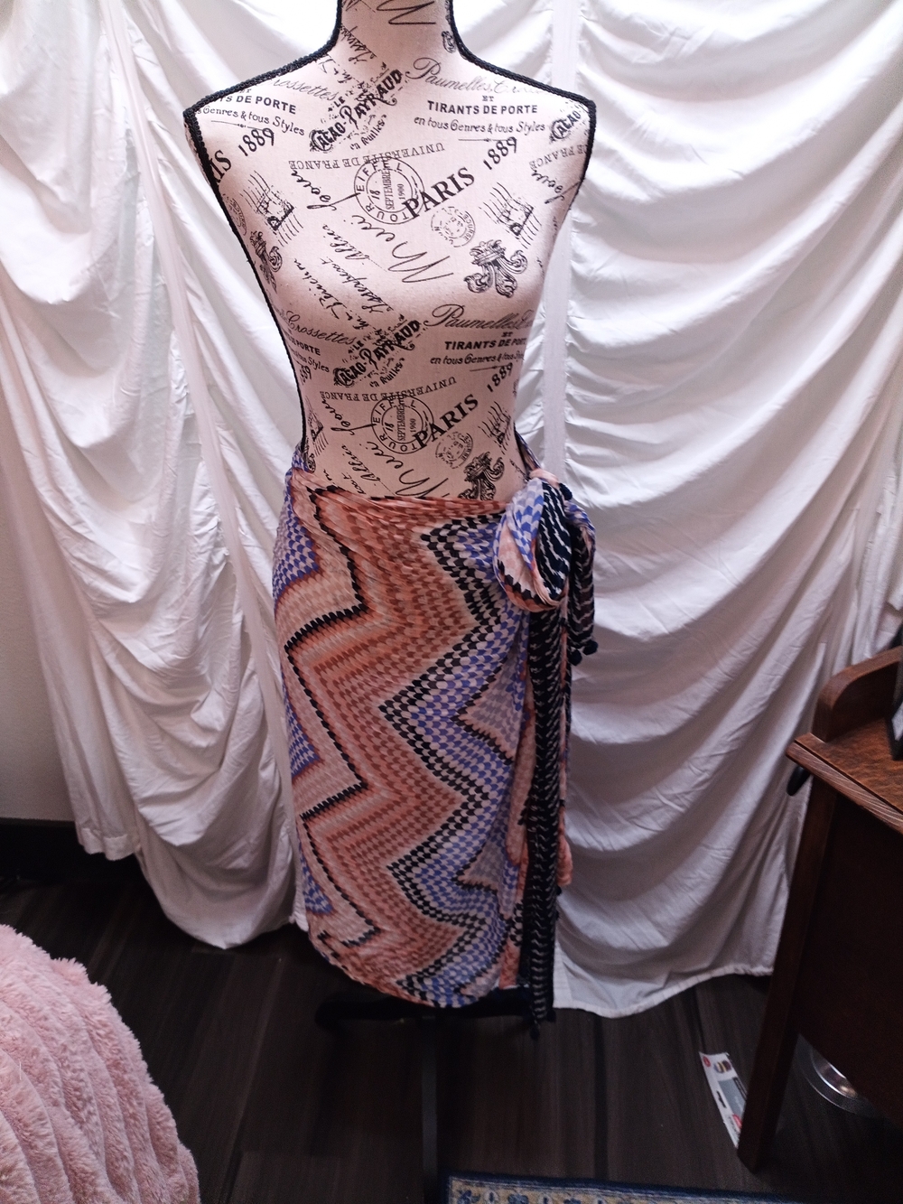 Source Unknown Peach and Blue Zigzag Swim Sarong Wrap